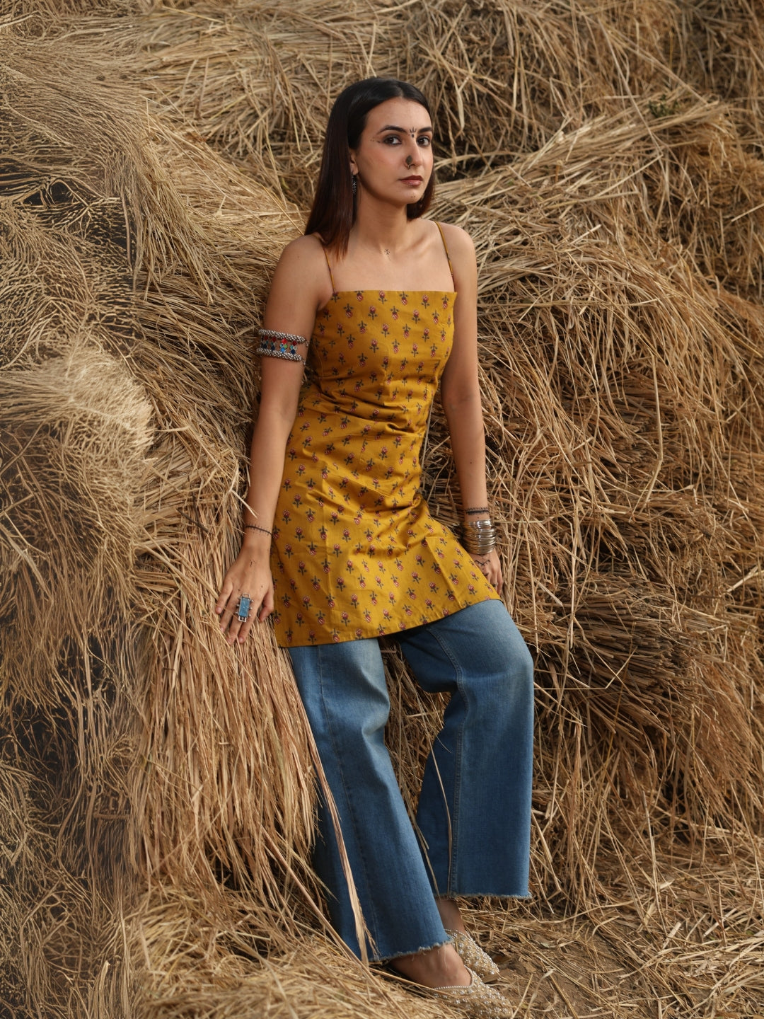 Mustard Noodle Strap Corset Kurti