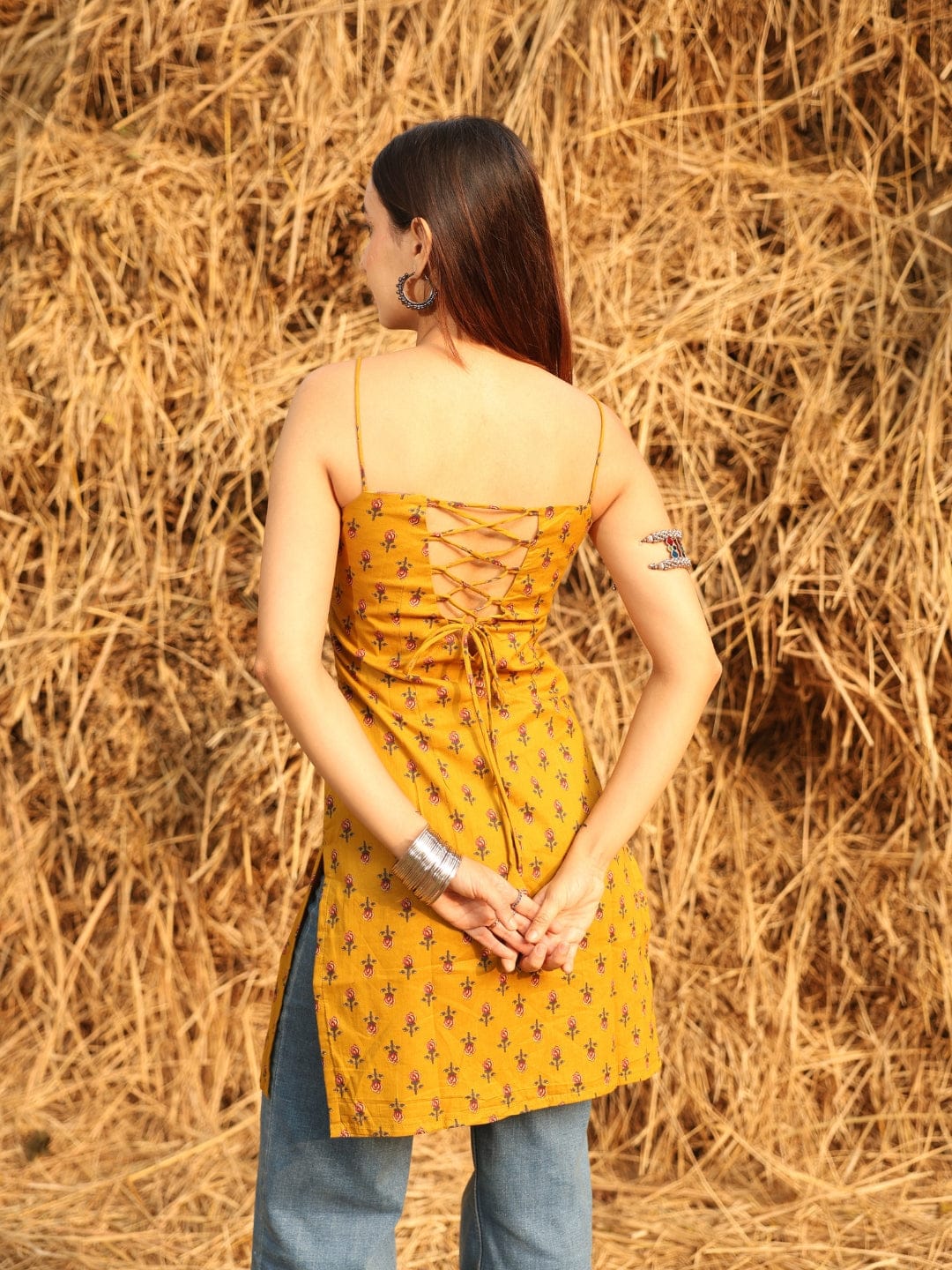 Mustard Noodle Strap Corset Kurti