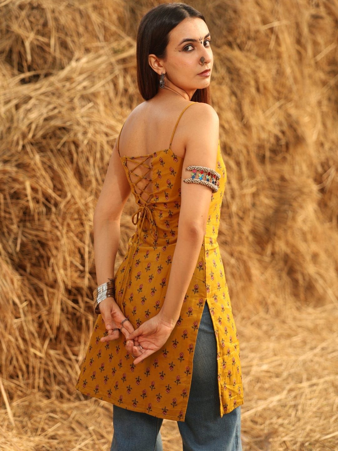 Mustard Noodle Strap Corset Kurti