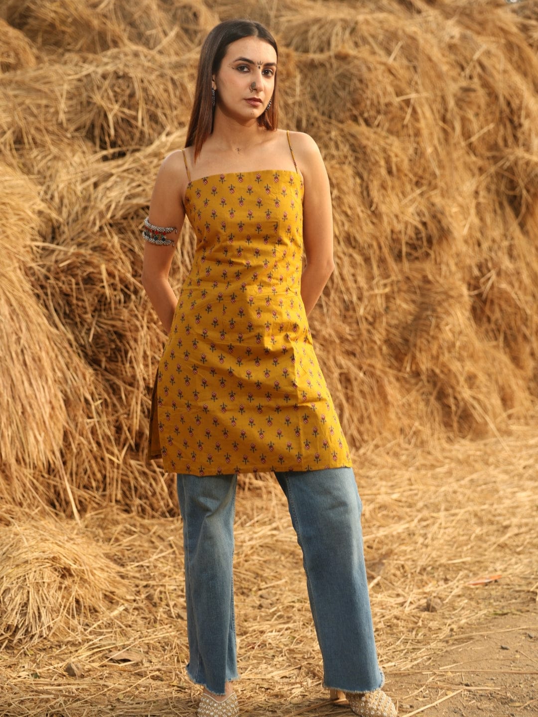 Mustard Noodle Strap Corset Kurti