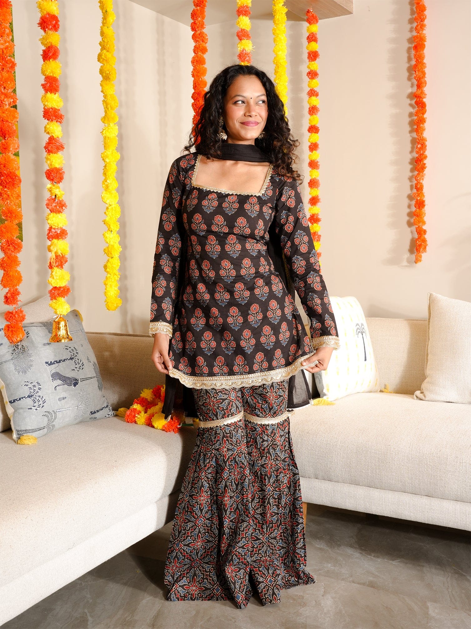 Saaz Sleeved Corset Kurti & Sharara Set