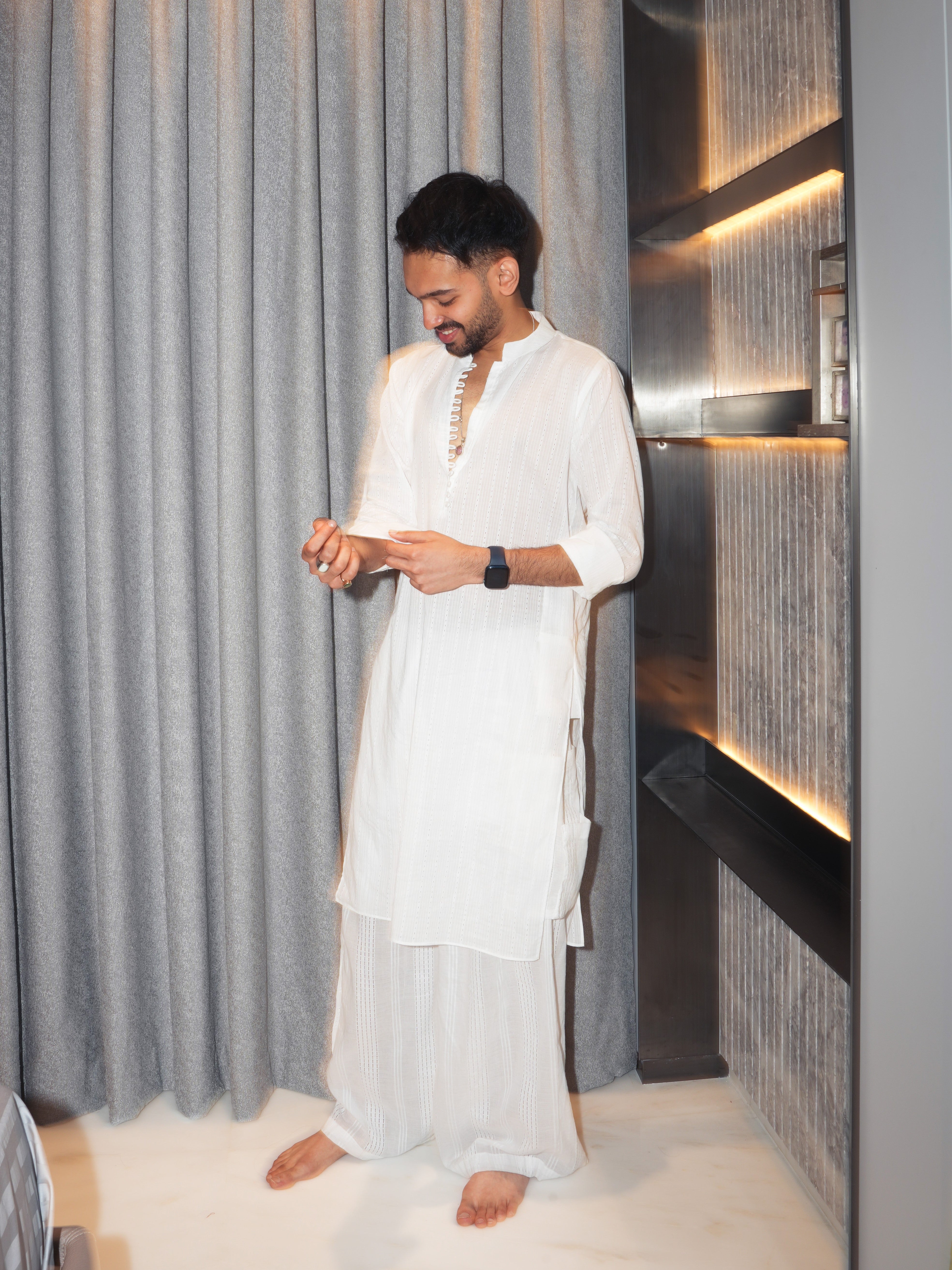 Karam White Jacquard Long Kurta