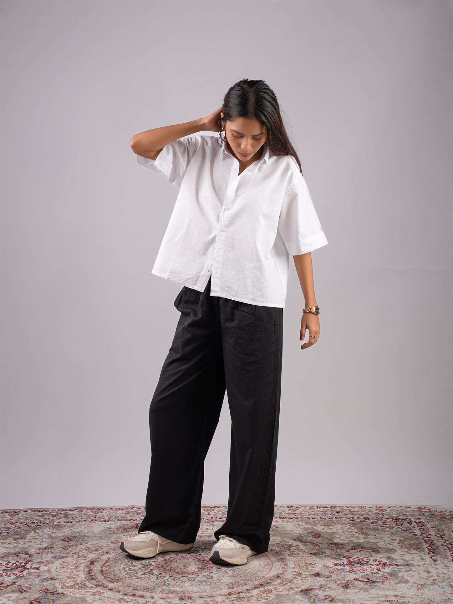 Oversized White Linen Crop Shirt