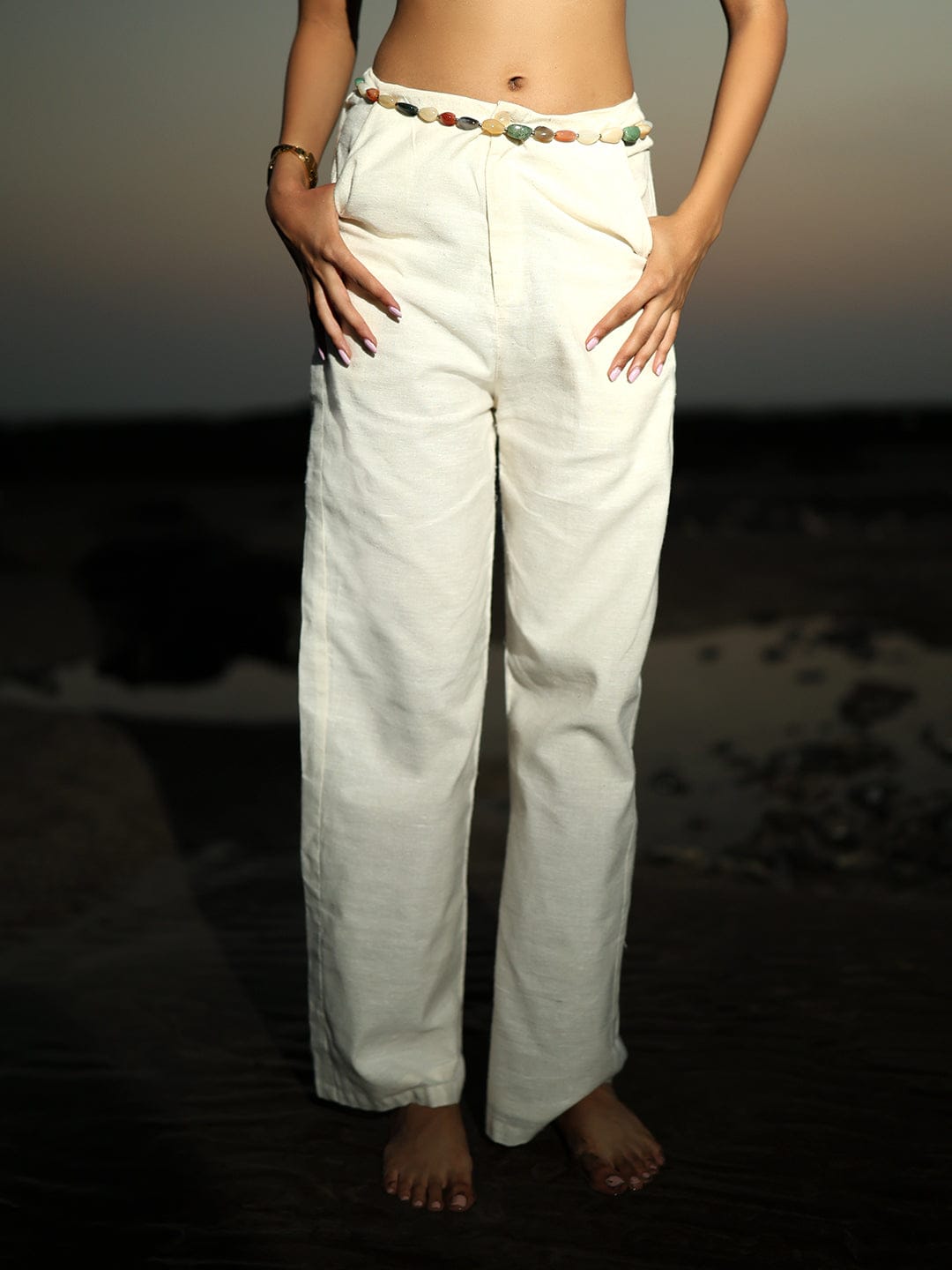 Off White Loose fitting linen pants ( BEADED BELT NOT INCLUDED )