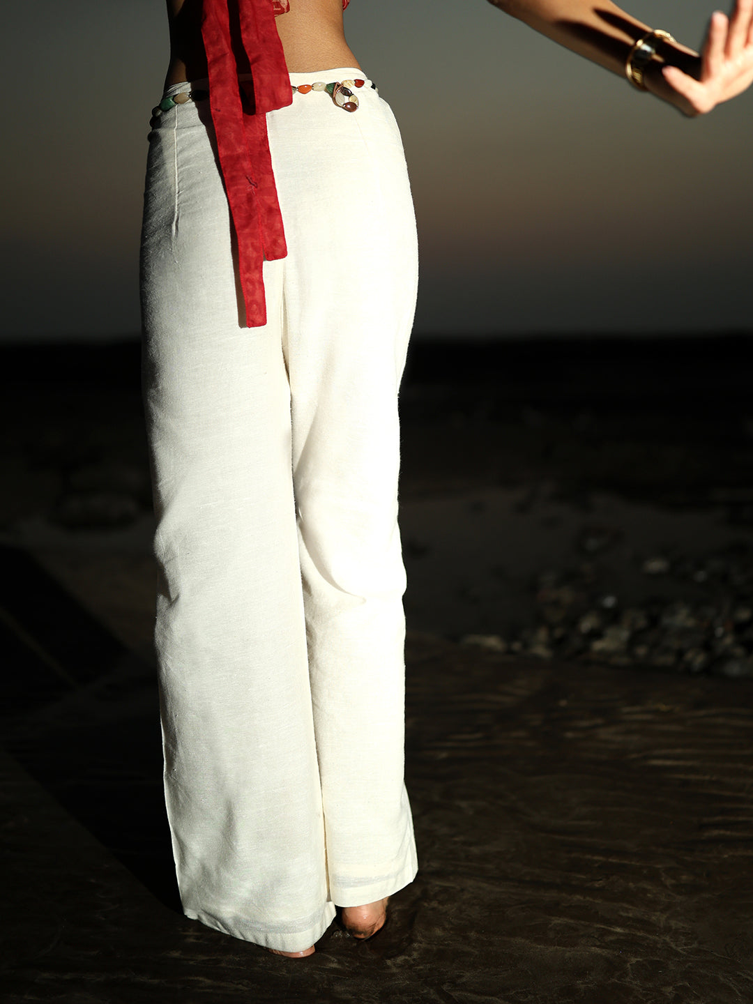 Off White Loose fitting linen pants ( BEADED BELT NOT INCLUDED )