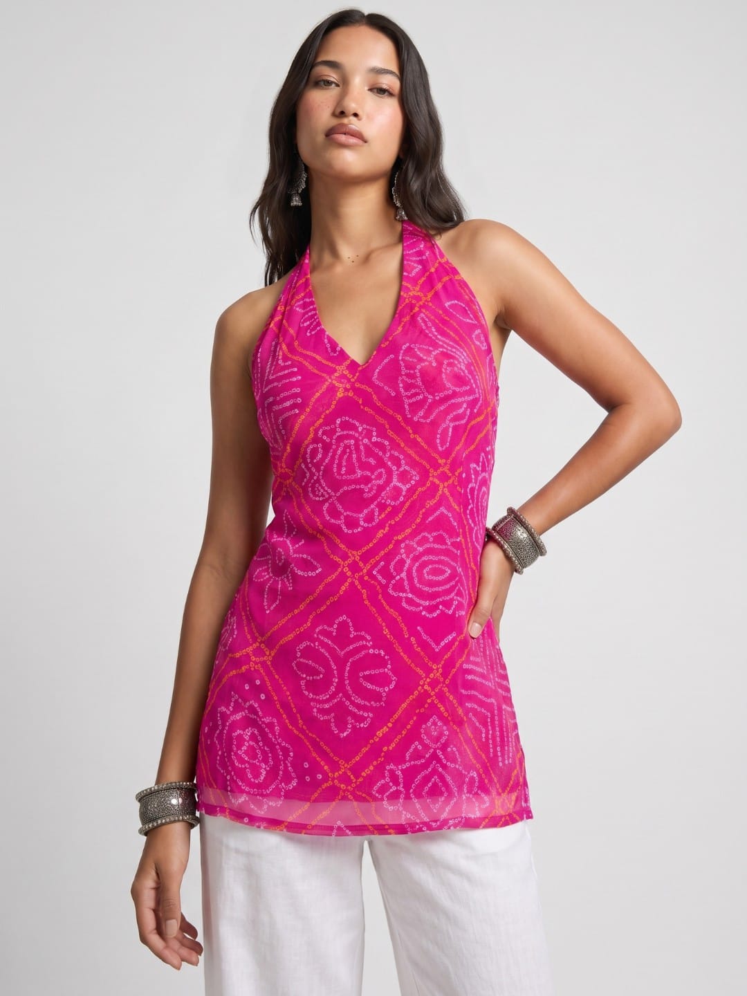 Rang Bandhani Halter Neck Corset Kurti