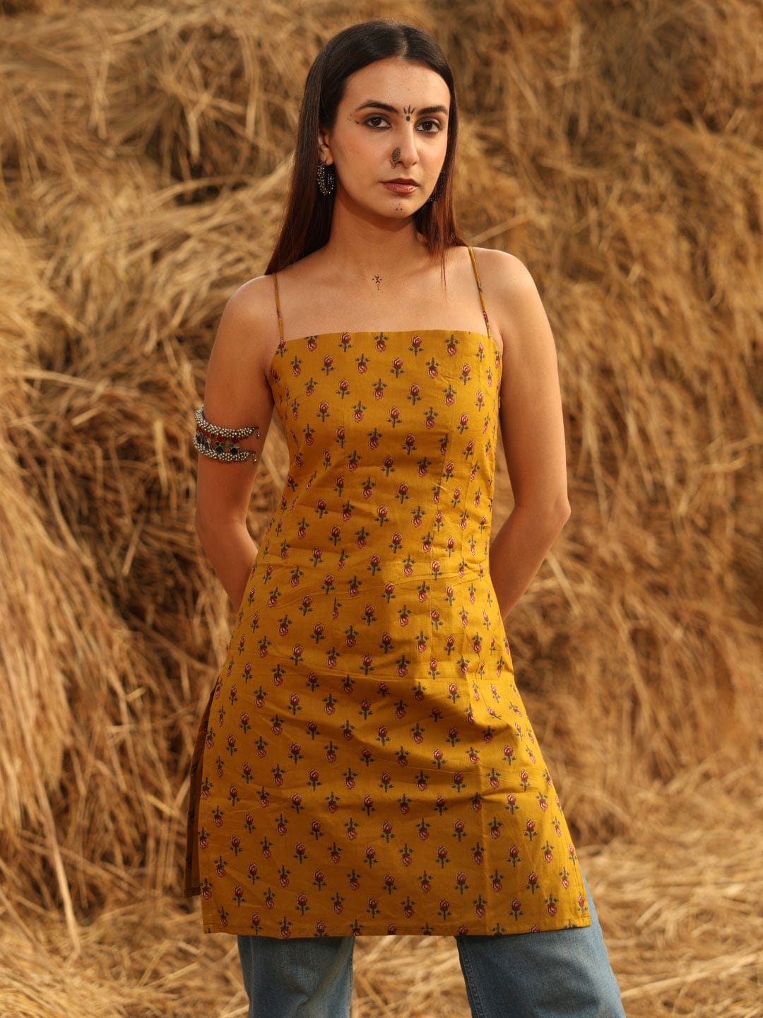 Mustard  Noodle Strap Corset Kurti