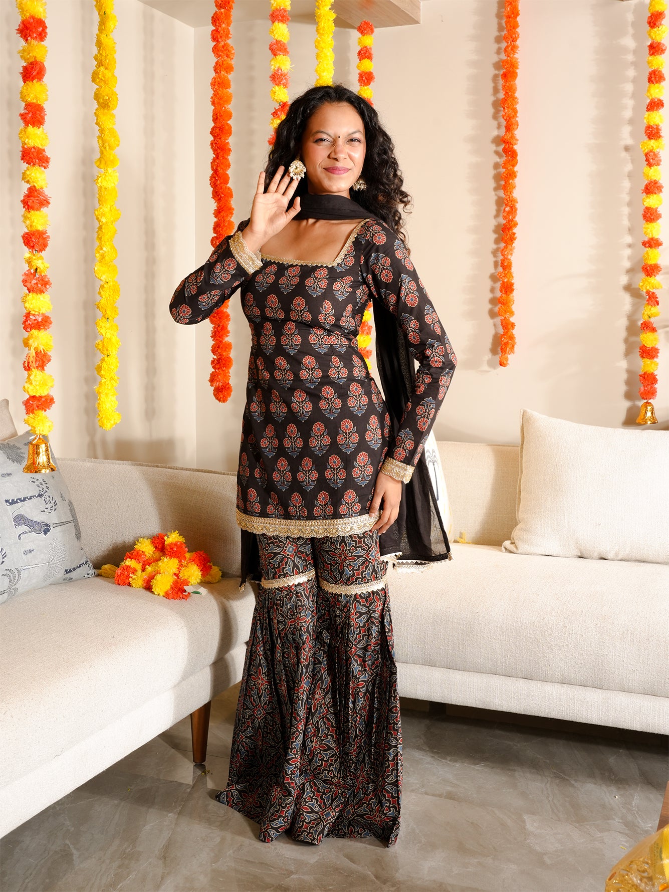 Saaz Sleeved Corset Kurti & Sharara Set