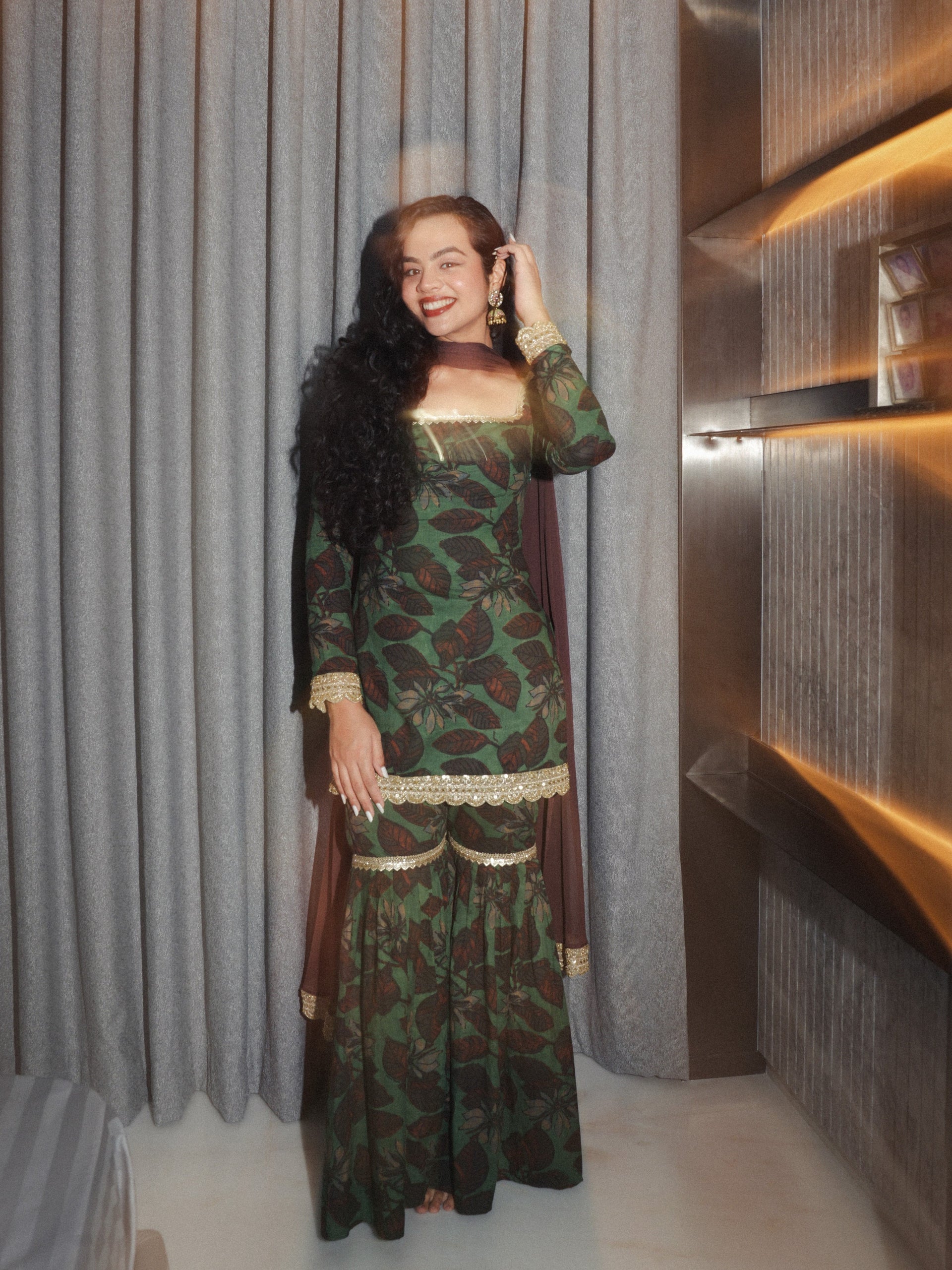 Meherzeen Sleeved Corset Kurti Sharara Set