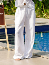 White Solid Straight Pants